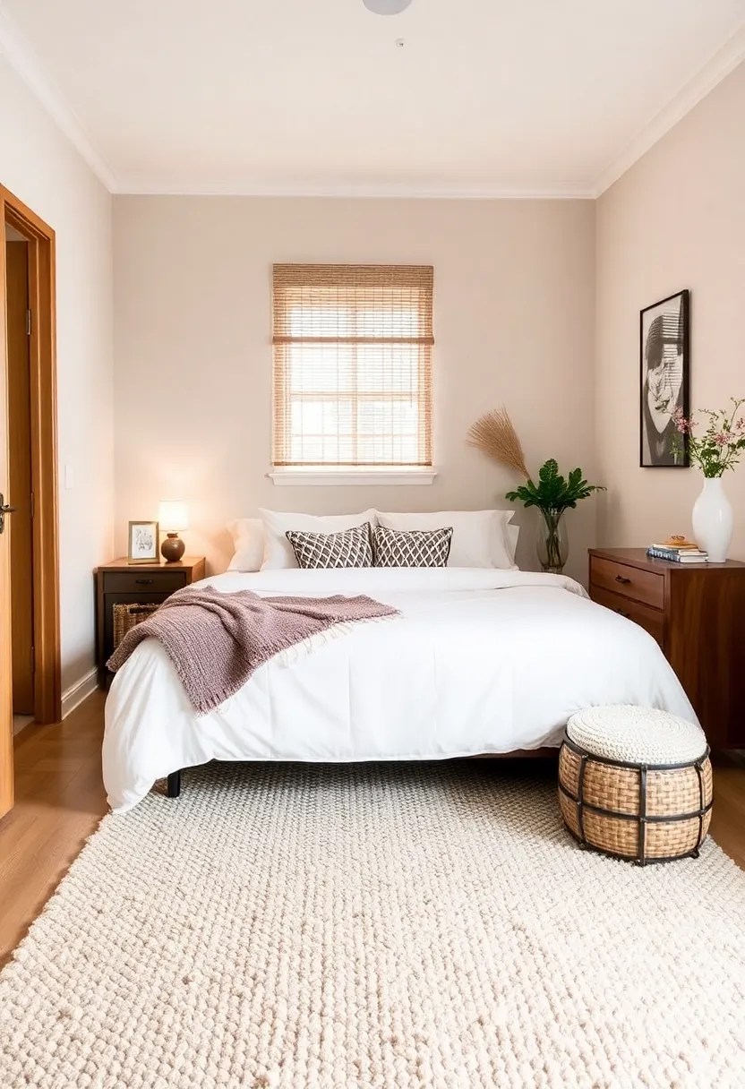 15 Minimal and Aesthetic Designs to Maximize Space in Tiny Bedrooms - 12. Textured Rugs for Warmth