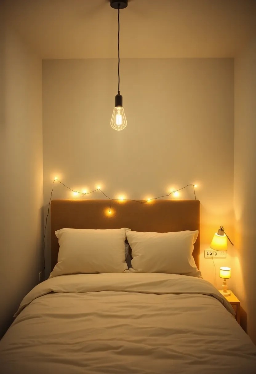15 Minimal and Aesthetic Designs to Maximize Space in Tiny Bedrooms - 3. Layered Lighting for Ambiance