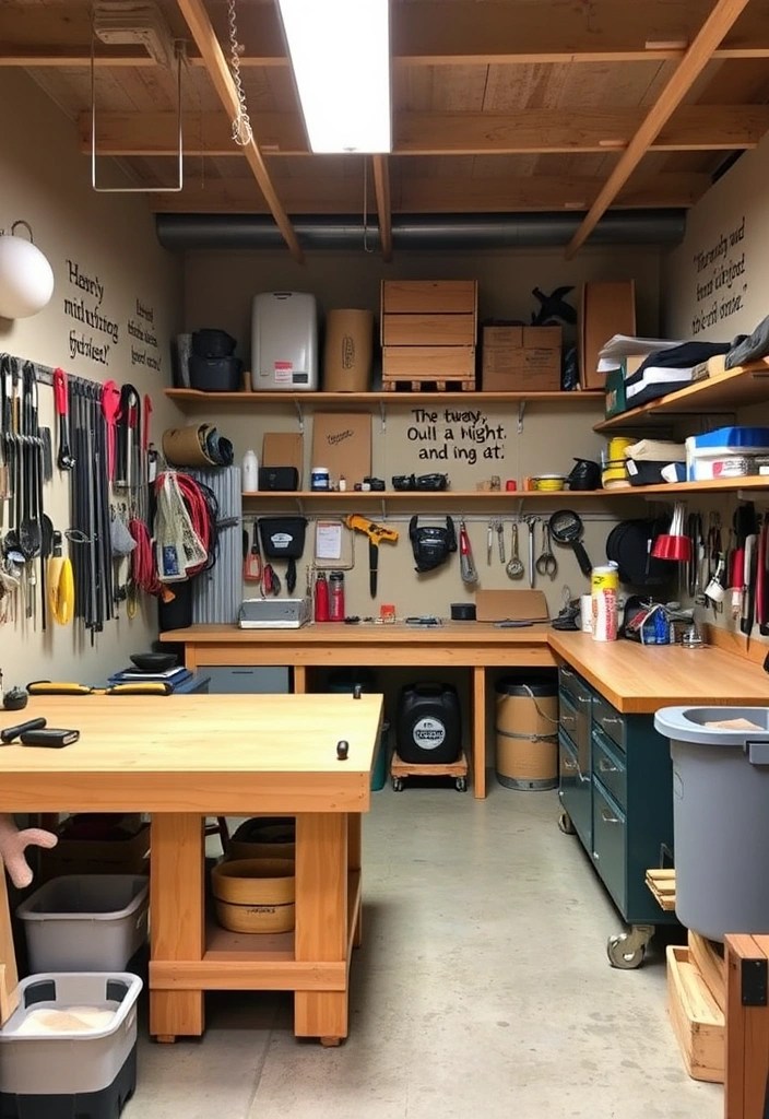 Transform Your Basement: 15 Inspiring Ideas for Living Areas, Entertainment Rooms, and Guest Bedrooms! - 12. Multi-Purpose Workshop